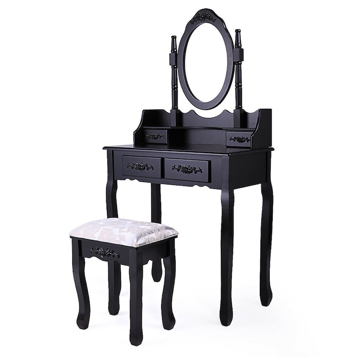 Timeless Tools Tükrös fésülködő asztal, sminkasztal, székkel Rome fekete