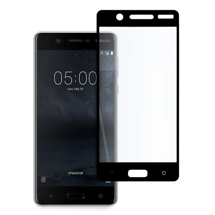 Стъклен протектор Full Glue за Nokia 5, Tempered Glass, Цялостно покритие и залепване, Черен