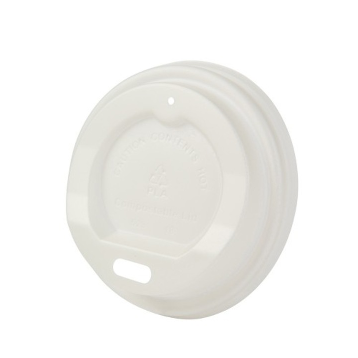 Биоразградими бели капаци с отвор за напитки за картонени чаши 100 ml, CPLA, Ø 62 mm, комплект от 50 бр.
