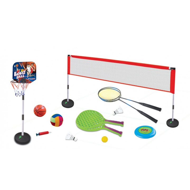 Set sport multifunctional 5 in 1 AliBibi®, ce contine cos minge baschet, rachete badminton, fileu