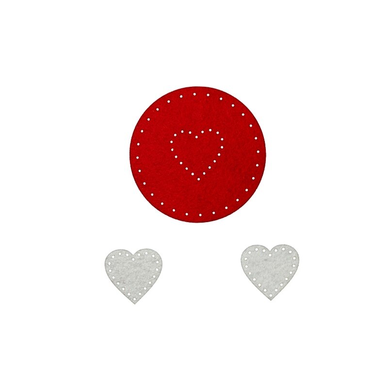 Set pentru cusut din fetru - cerc rosu + 2 inimioare albe