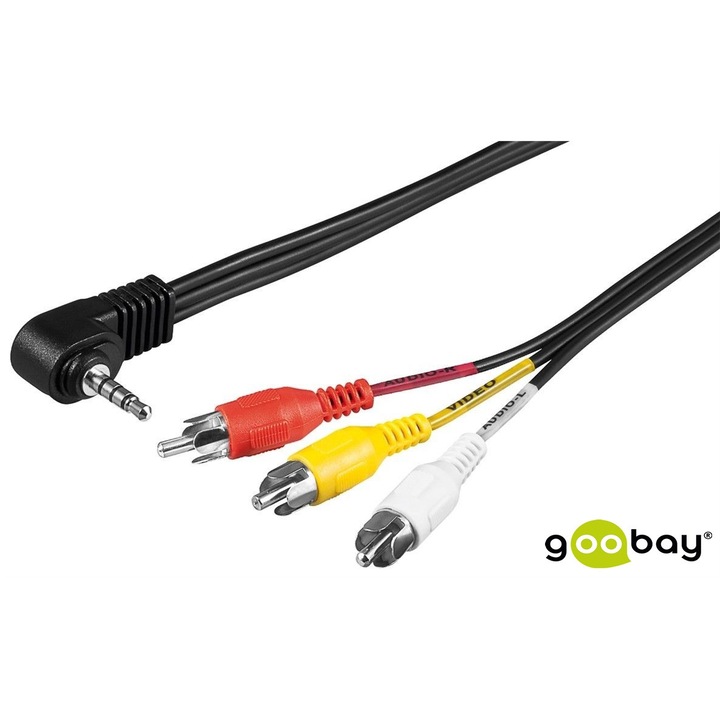 Kабел 3.5 мм male (4-пинов, стерео) 90 °към 3 RCA male MKTECH-Goobay, 1.5 m за прехвърляне на аудио и видео сигнали, черен