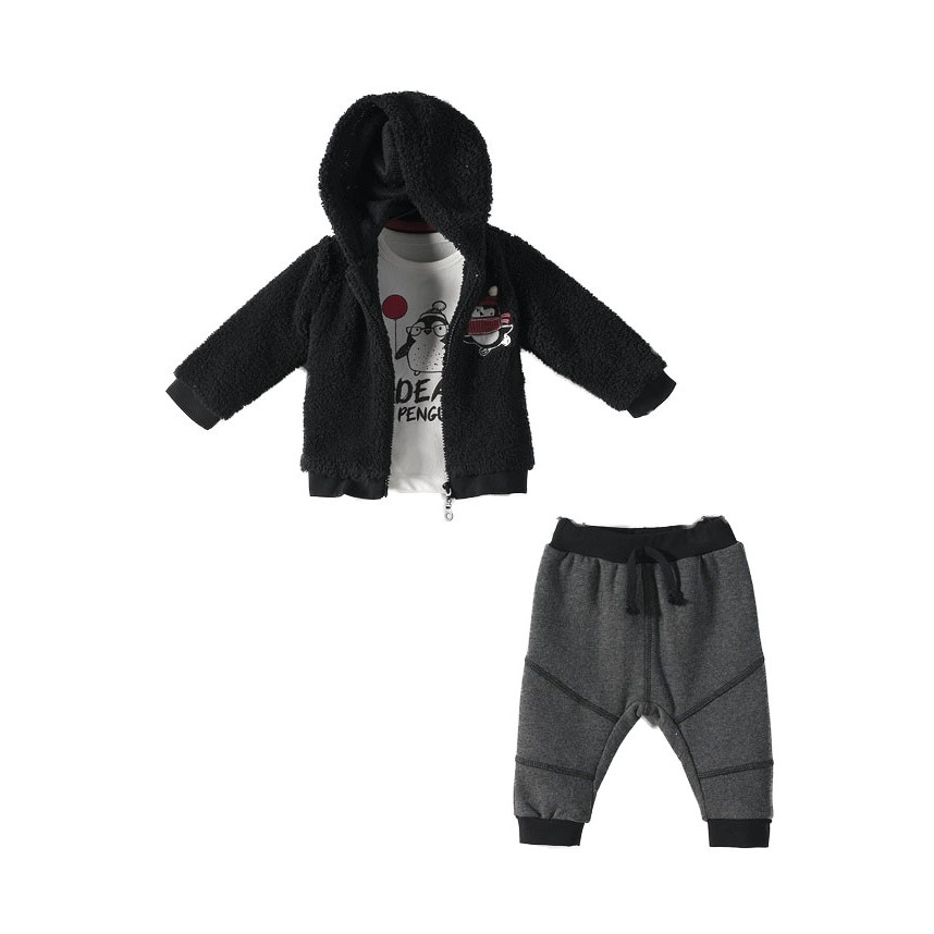 Set 3 piese, Jacheta cu gluga, bluza si pantalon, Bebetto, Negru/Alb