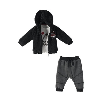 Set 3 piese, Jacheta cu gluga, bluza si pantalon, Bebetto, Negru/Alb Set 3 piese, Jacheta cu gluga, bluza si pantalon, Bebetto, Negru/Alb