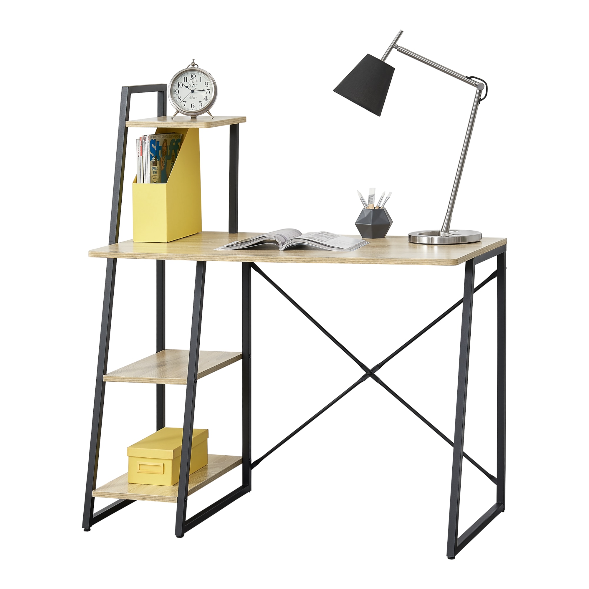 Birou cu rafturi Aalborg, en.casa, 117 x 102 x 50 cm, metal/PAL melaminat, negru/efect stejar, inaltime reglabila, cu 3 rafturi