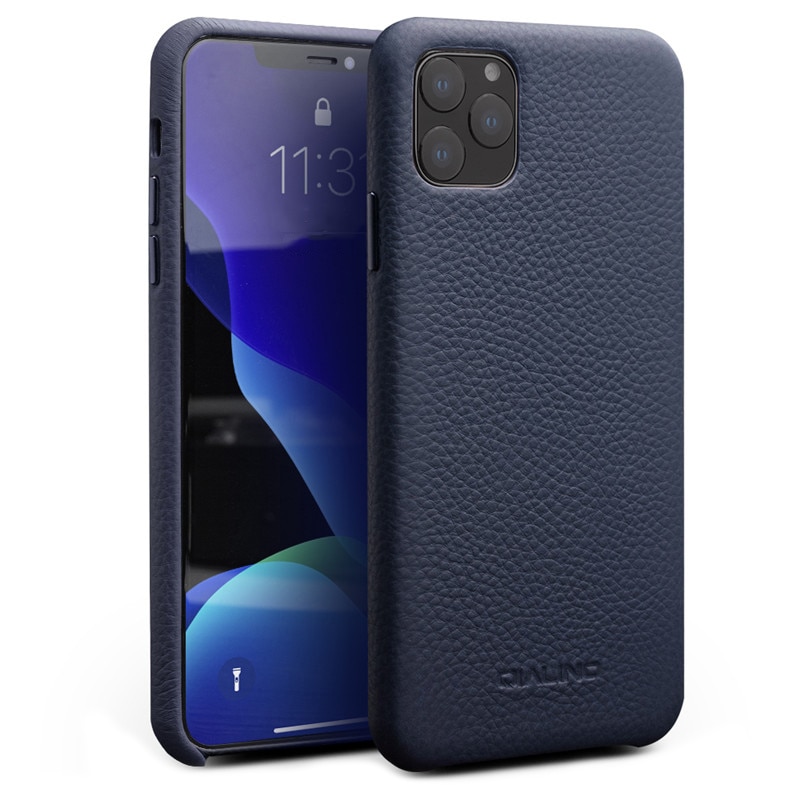 Husa iPhone 11 Pro, Qialino Litchi, slim din piele moale de bovina, tip back cover, Albastru