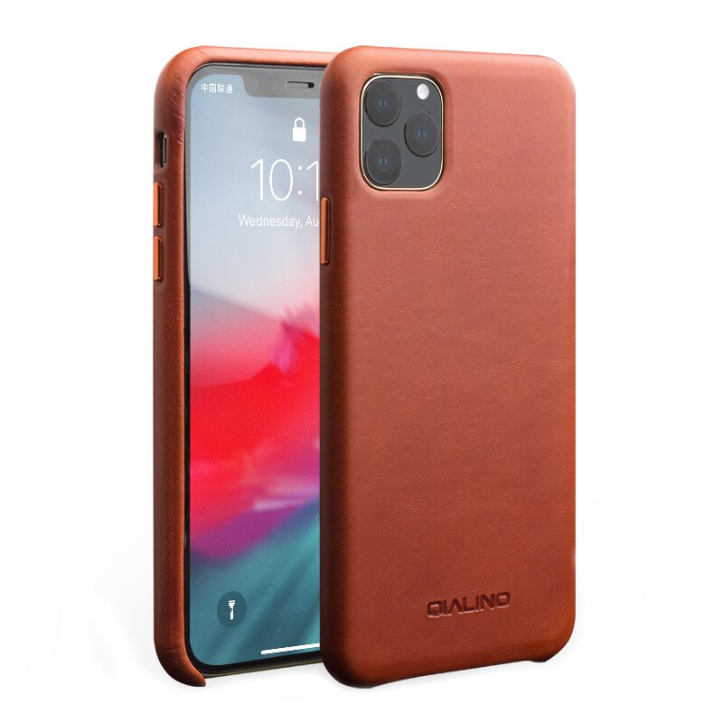 Husa iPhone 11 Pro Max, Qialino Classic, slim din piele de vitel, tip back cover, culoare Maro tabac