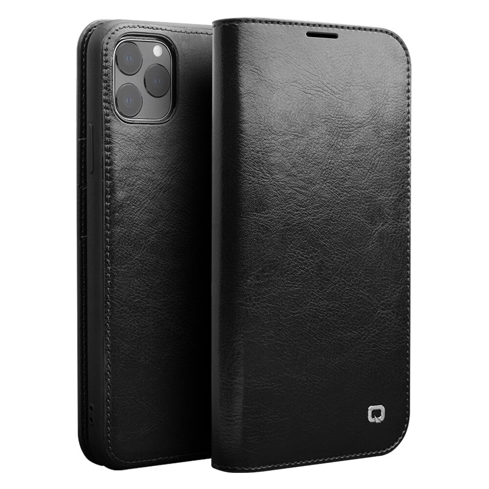 Husa iPhone 11 Pro Max, Qialino Classic Wallet, din piele fina tip carte, cu buzunare carduri si bani, culoare Negru
