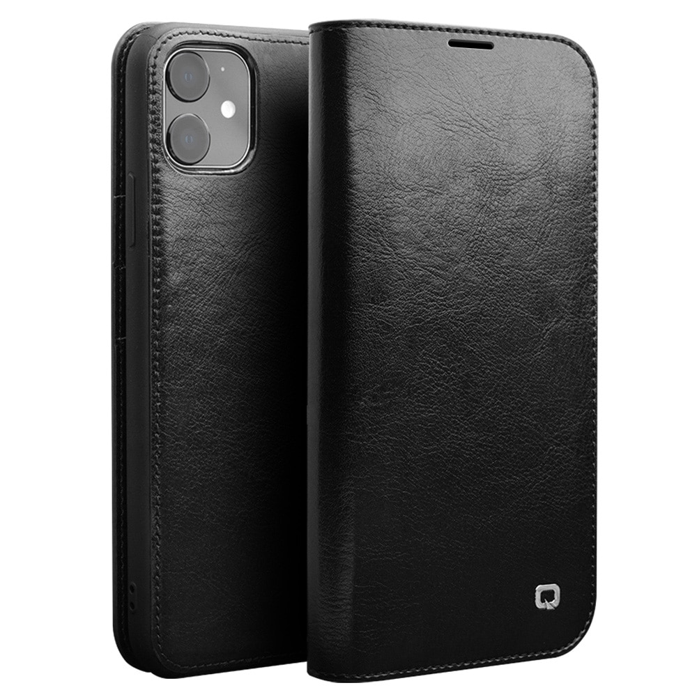 Husa iPhone 11, Qialino Classic Wallet, din piele fina tip carte, cu buzunare carduri si bani, culoare Negru