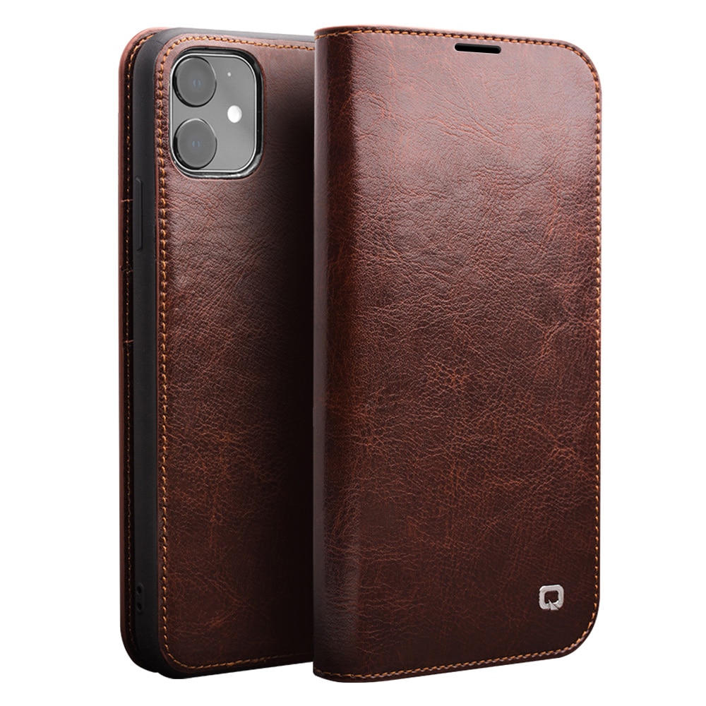 Husa iPhone 11, Qialino Classic Wallet, din piele fina tip carte, cu buzunare carduri si bani, culoare Maro coffee