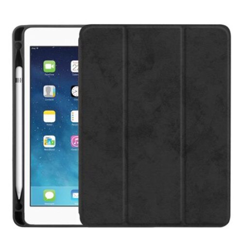 Husa tip carte pentru tableta iPad 2017/2018 de 9.7 inch din piele ecologica si compartiment pentru pix/stilou, Negru
