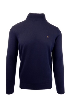 Pulover, Univers Fashion, tricotat fin cu terminatii striate, cu guler inalt, albastru inchis, M Pulover, Univers Fashion, tricotat fin cu terminatii striate, cu guler inalt, albastru inchis, M