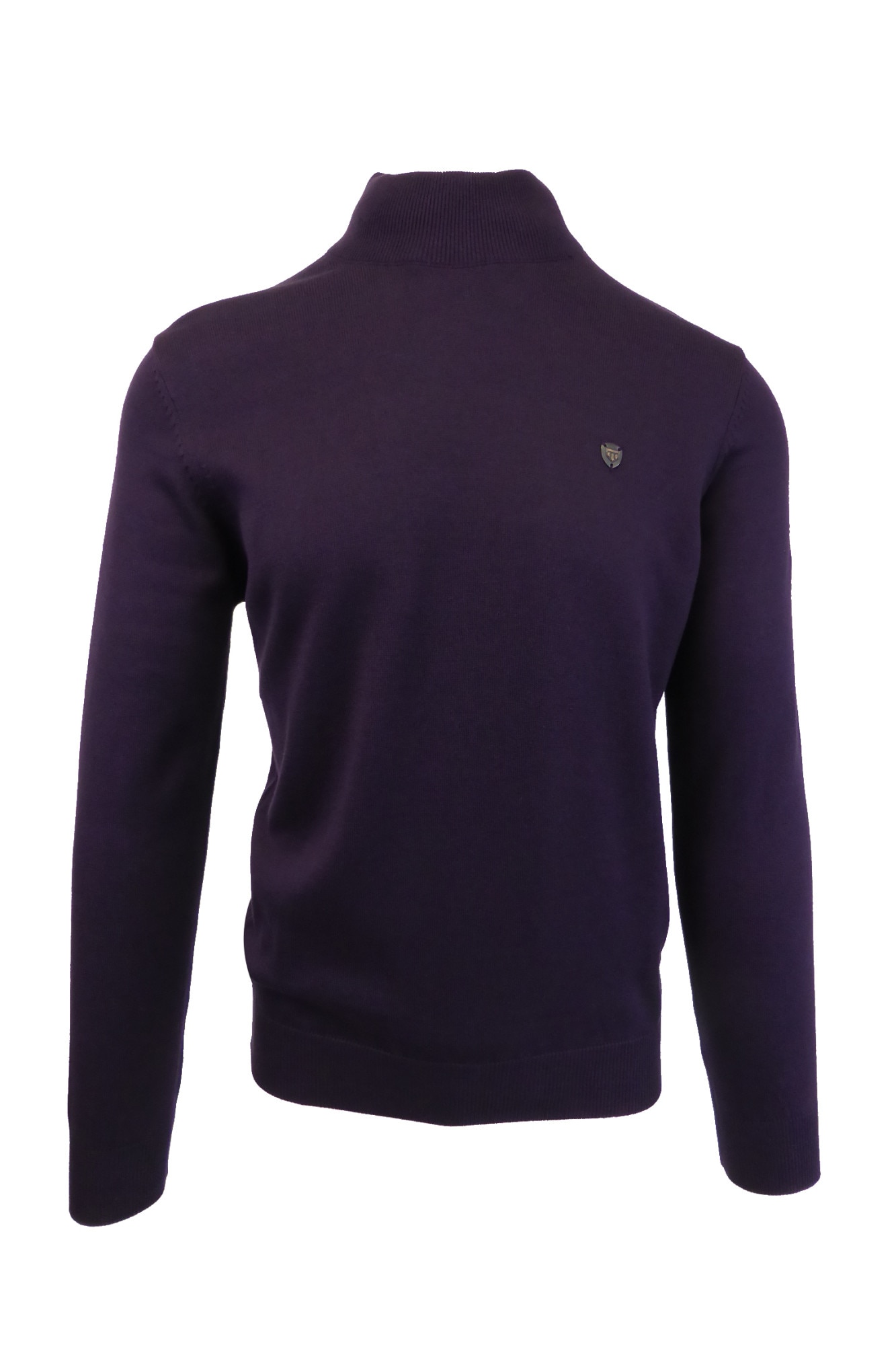Pulover, Univers Fashion, tricotat fin cu terminatii striate, cu guler inalt, violet pruna