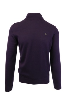 Pulover, Univers Fashion, tricotat fin cu terminatii striate, cu guler inalt, violet pruna Pulover, Univers Fashion, tricotat fin cu terminatii striate, cu guler inalt, violet pruna