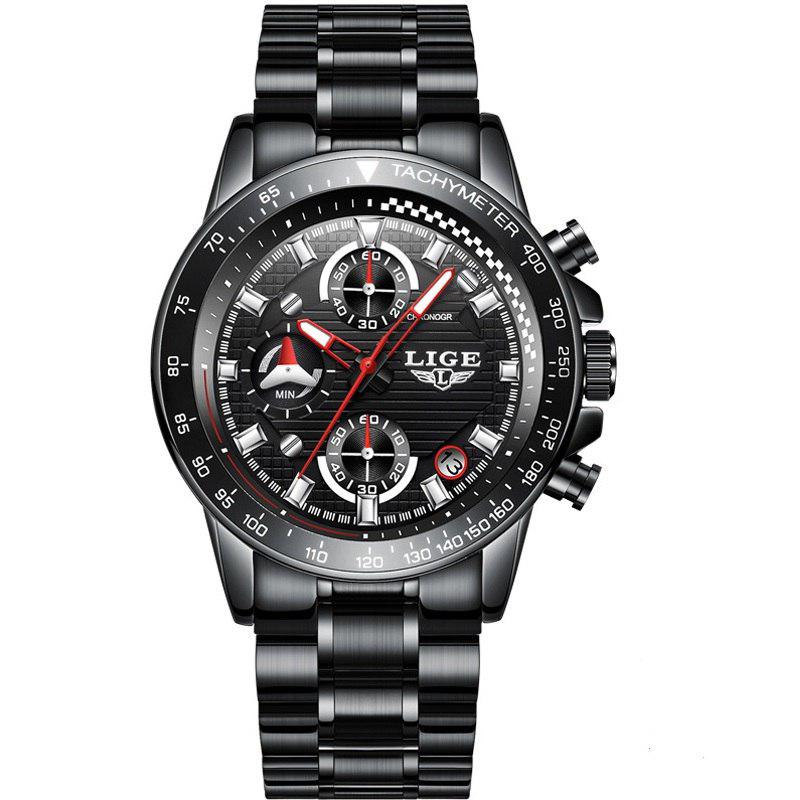 Ceas barbatesc, Lige, Elegant, Business, Luxury, Quartz, Cronograf, Calendar, Ora/Minut/Secunda, Rezistenta la apa 3ATM, Negru/Rosu