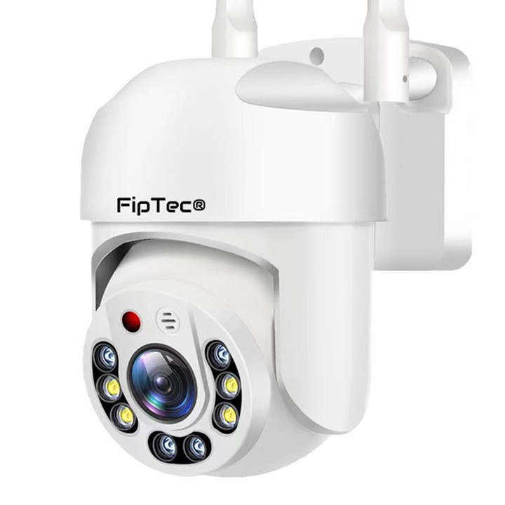 FipTec LO11 intelligens megfigyelő kamera 32 GB-os memóriakártyával, WiFi, Full HD 1080p, 360°-os forgatás, vízálló, éjszakai látás akár 20 méterig, mozgásérzékelő és telefonértesítések, automatikus tárgykövetés, vezérlés Android, iOS és PC-hez