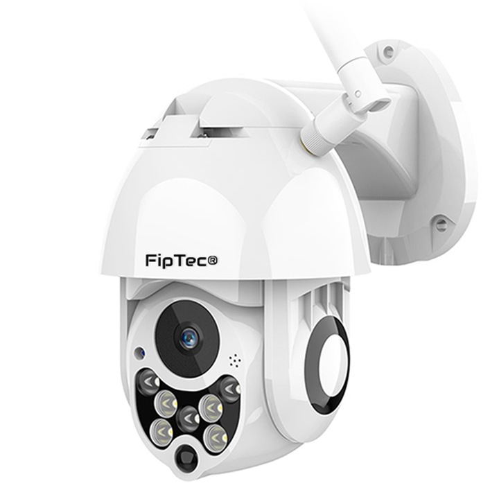 FipTec LO12 Smart kültéri intelligens kamera, WiFi, Full HD 1080p, 360° forgatás, vízálló, színes éjszakai látás 20 m-ig, mozgásérzékelő és telefonos értesítések, automatikus tárgykövetés, Android/iOS/PC rendszerhez