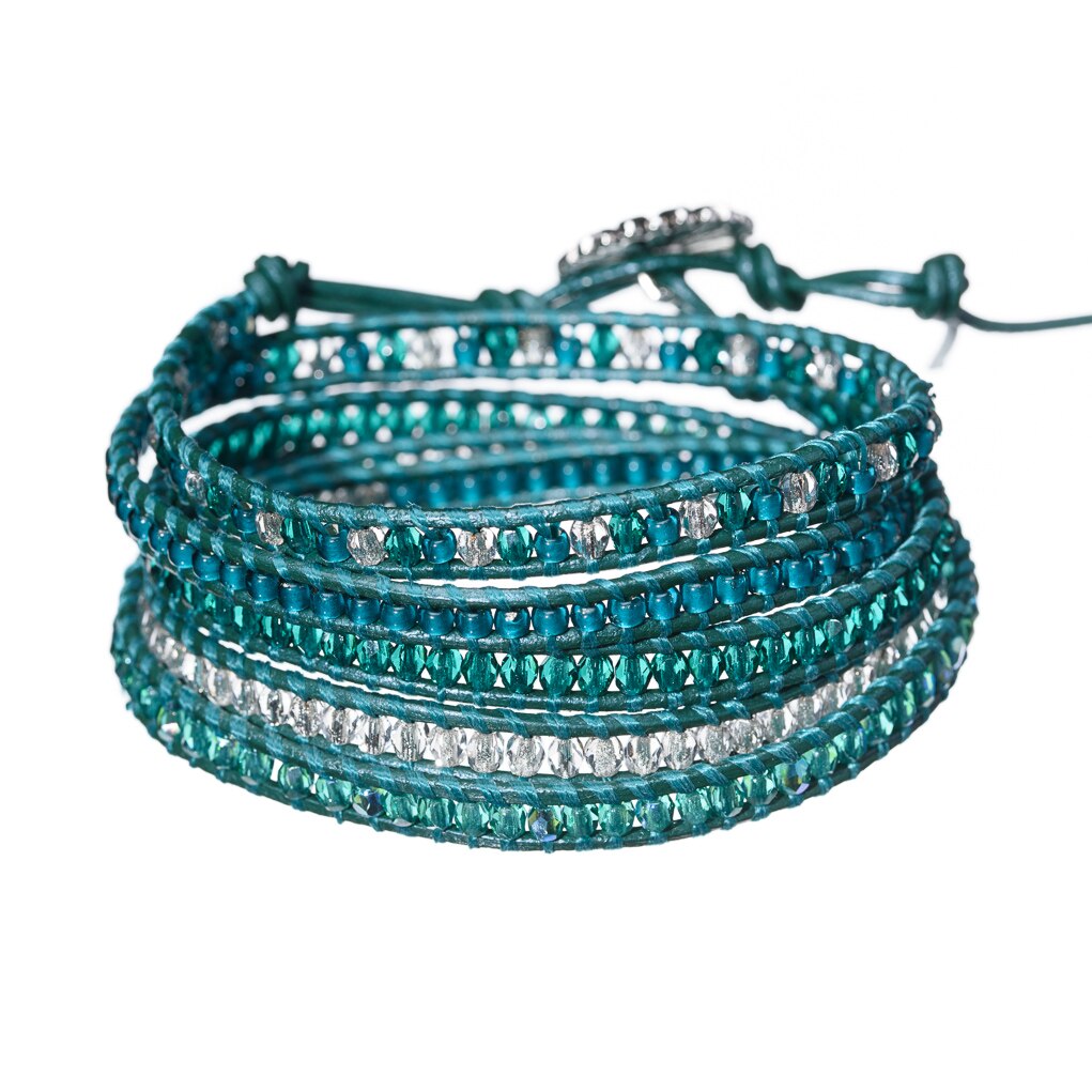 Bratara femei din piele si cristale, Teal, marimea L