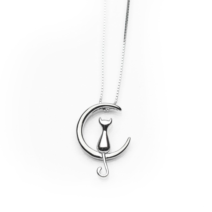 Colier Argint 925 Moon Cat, placat cu aur alb - Nuwa Jewelry