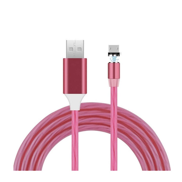 Cablu de incarcare cu flux luminos roz EVTrend® PREMIUM MAGNETIC, micro-USB, conector metalic din aluminiu, invelis protector din TPE, pentru telefon sau tableta Android, USB, micro-USB, 5V, 2A, 1m, LED, ROZ
