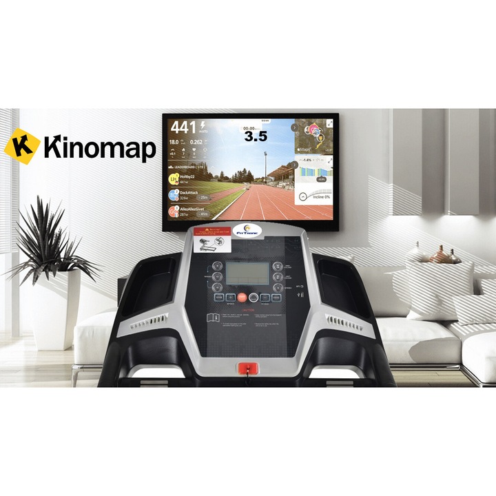 Banda de alergat electrica FitTronic® Delta 100, motor 2.5 CP, Bluetooth, Kinomap, Zwift, Newrunway, Self oil - ungere automata, sistem de amortizare in 6 puncte + arcuri, pliabila cu cilindru, intrare mp3 si USB pt muzica, cheie siguranta