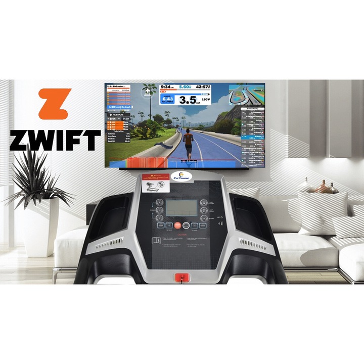 Banda de alergat electrica FitTronic® Delta 100, motor 2.5 CP, Bluetooth, Kinomap, Zwift, Newrunway, Self oil - ungere automata, sistem de amortizare in 6 puncte + arcuri, pliabila cu cilindru, intrare mp3 si USB pt muzica, cheie siguranta