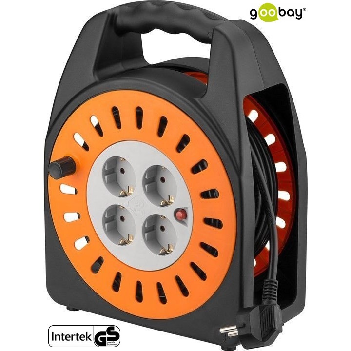 Разклонител-макара Goobay, 25 м с 4 защитни контактни гнезда и защита от пренапрежение, сиво/оранжево/черно