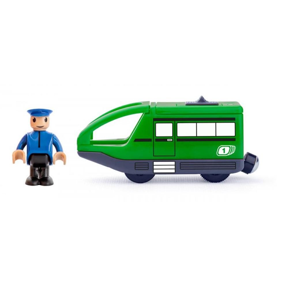 Locomotiva electrica din plastic verde cu figurina, Woodyland
