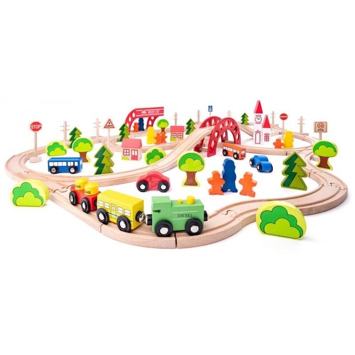 Woodyland Jucarie din lemn - Set tren cu pod si bariera (90 piese)