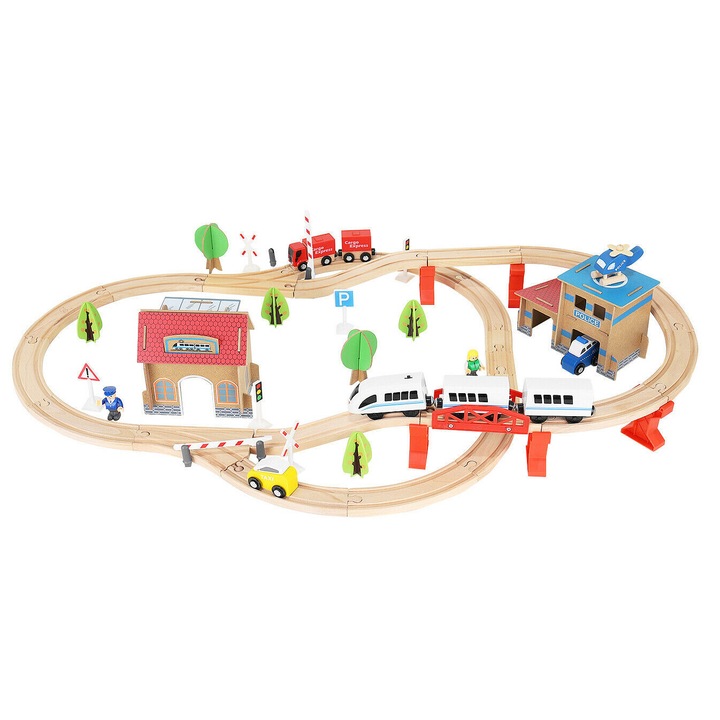 Circuit Trenulet din Lemn Natural cu 89 de Accesorii Incluse "ISP WoodTrain", cu Traseu Multifunctional, Trenulet, TIR, Elicopter, TAXI, Politie