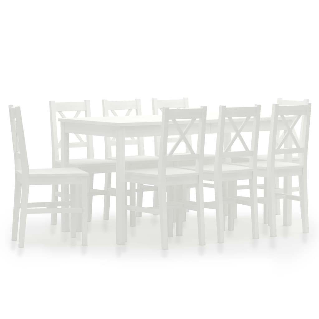 Set mobilier de bucatarie, 9 piese, masa cu 8 scaune, vidaXL, Alb, Lemn pin, 140 x 70 x 73 cm
