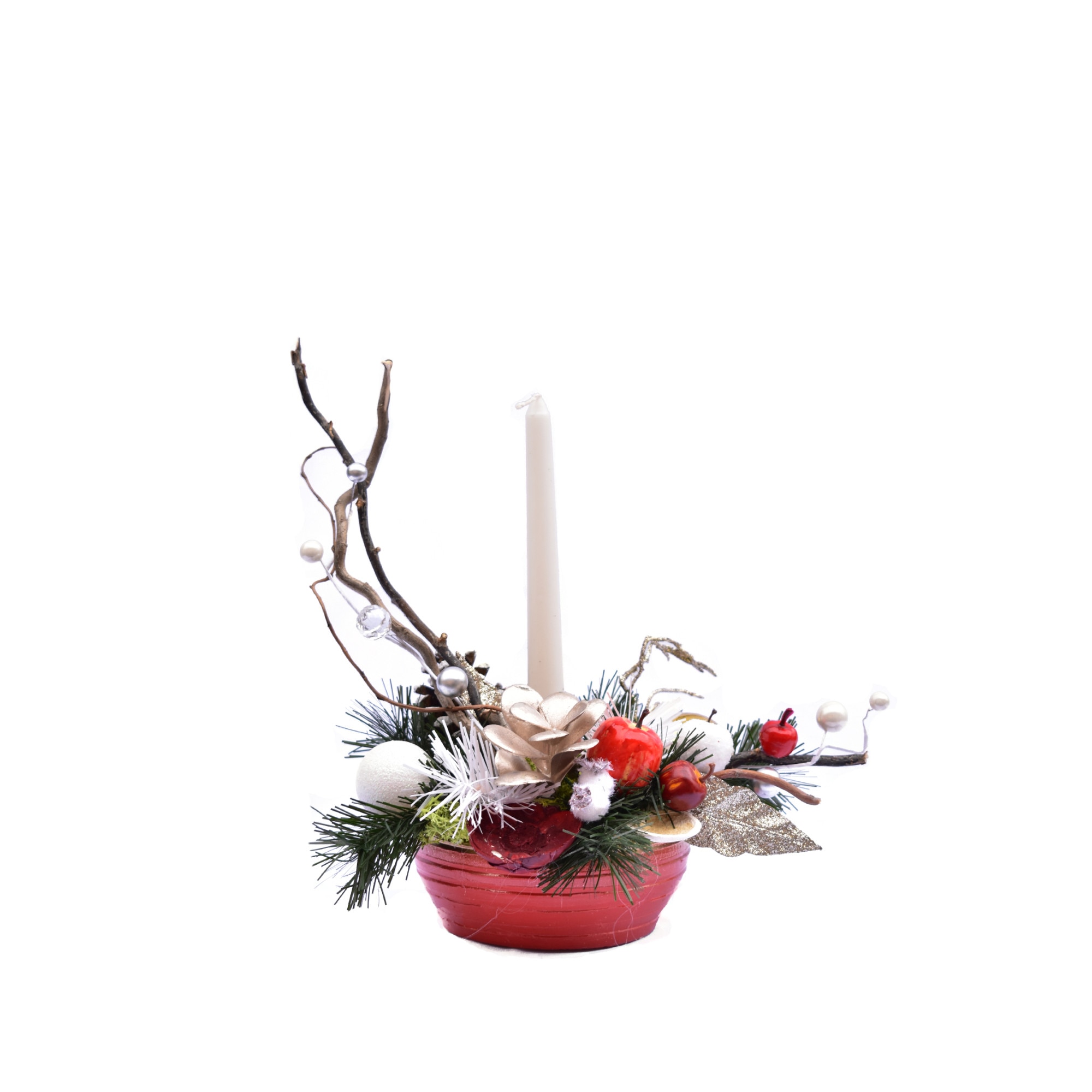 Aranjament Craciun cu lumanare in ghiveci, First Event, cu fructe rosii si globuri, multicolor, 28*11 cm