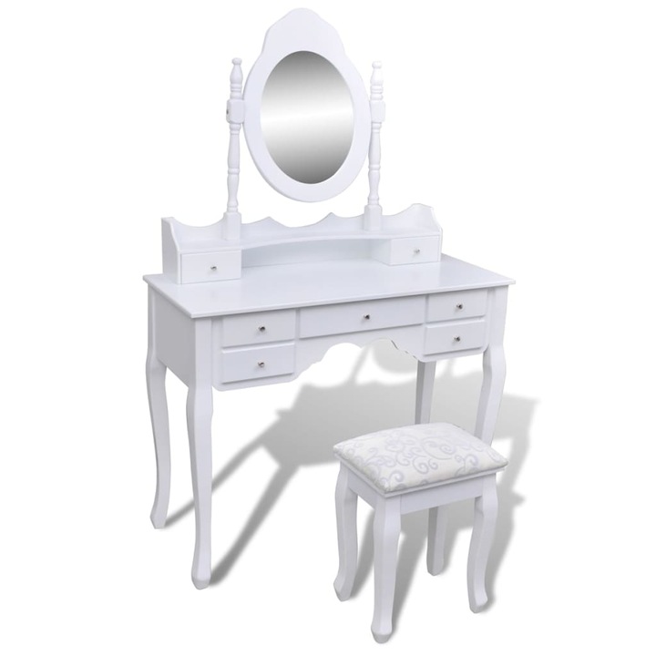 Тоалетка с огледало и табуретка vidaXL, 7 чекмеджета, 93х39х74,5 см, бяла