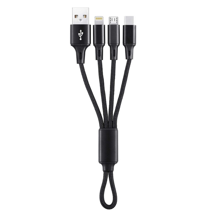 Cablu scurt incarcare 3 in 1 EVTrend, USB-C, micro USB, compatibil lightning, 15cm, negru