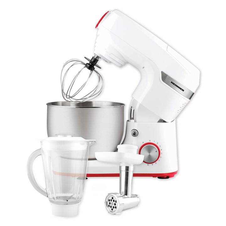Robot de bucatarie multifunctional Heinner HPM-1000WH, 1000W, bol inox 5.5L, blender 1.5L, masina de tocat, 10 viteze + Pulse, alb