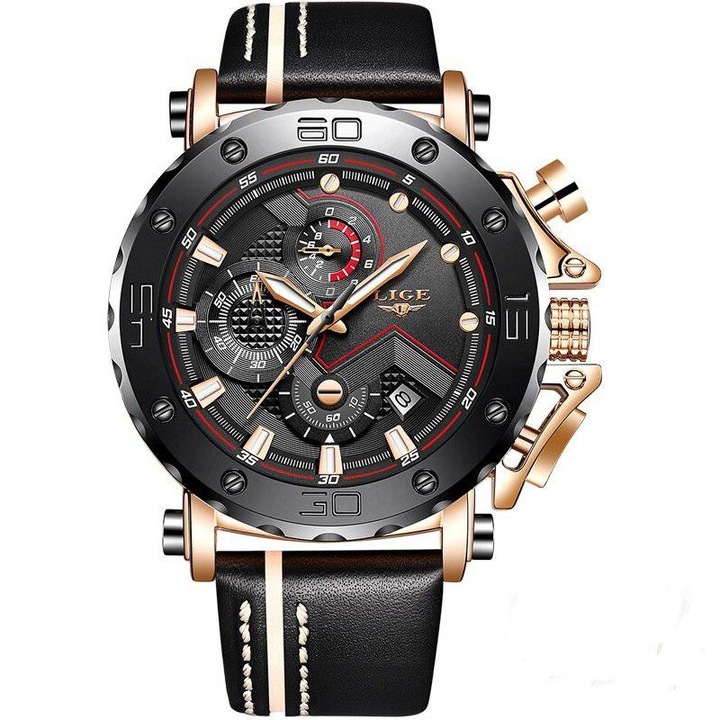 Ceas de mana barbatesc, Lige, Fashion / Casual, Curea din piele, Ecran mare, Calendar, Cronograf, Activitati Outdoor, Mecanism Quartz, Analog, Negru / Auriu