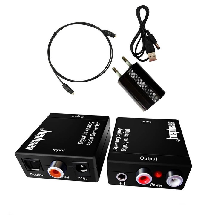 DAC (Convertor audio digital) Digital la Analog Audio 192 Khz, Easyday, SPDIF Optical Toslink la Analog L/R RCA m3.5mm, Negru