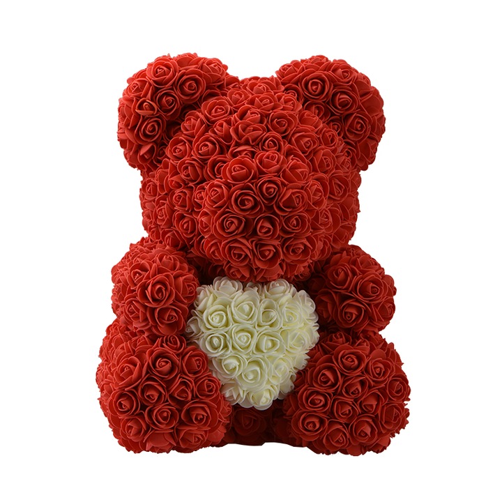 Ursulet din Trandafiri Rose Bear Decorat Manual, inaltime 40cm - Rosu cu inimoara alba
