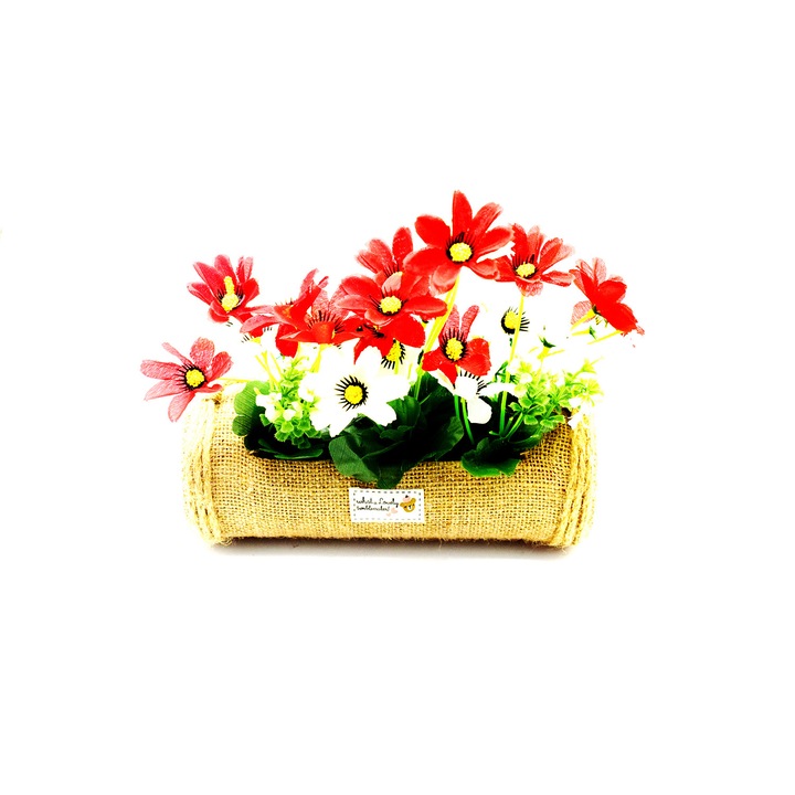 Aranjament floral, din plastic si iuta, rosu si alb, D2837