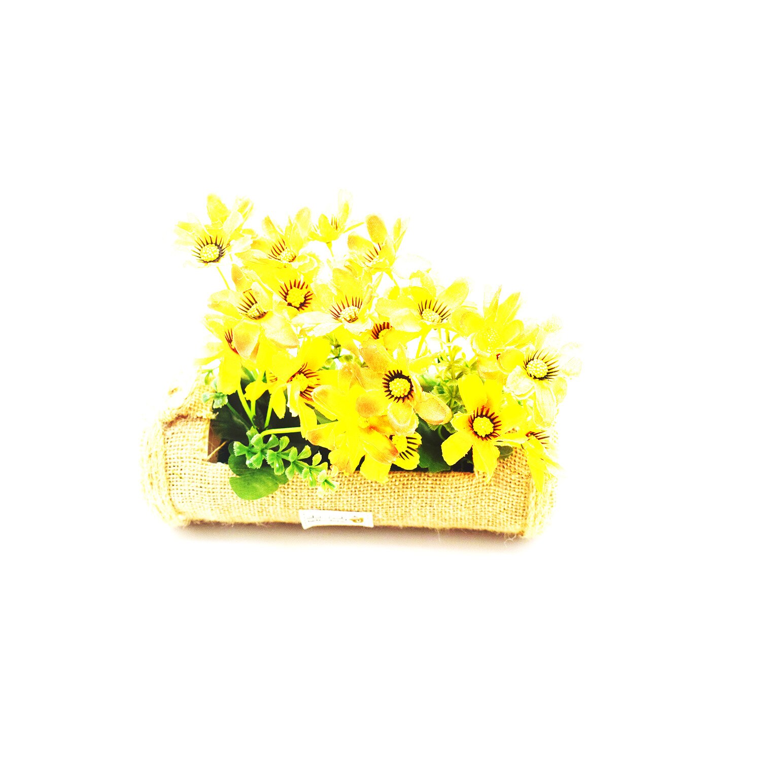 Aranjament floral, din plastic cu iuta, galben, D2837