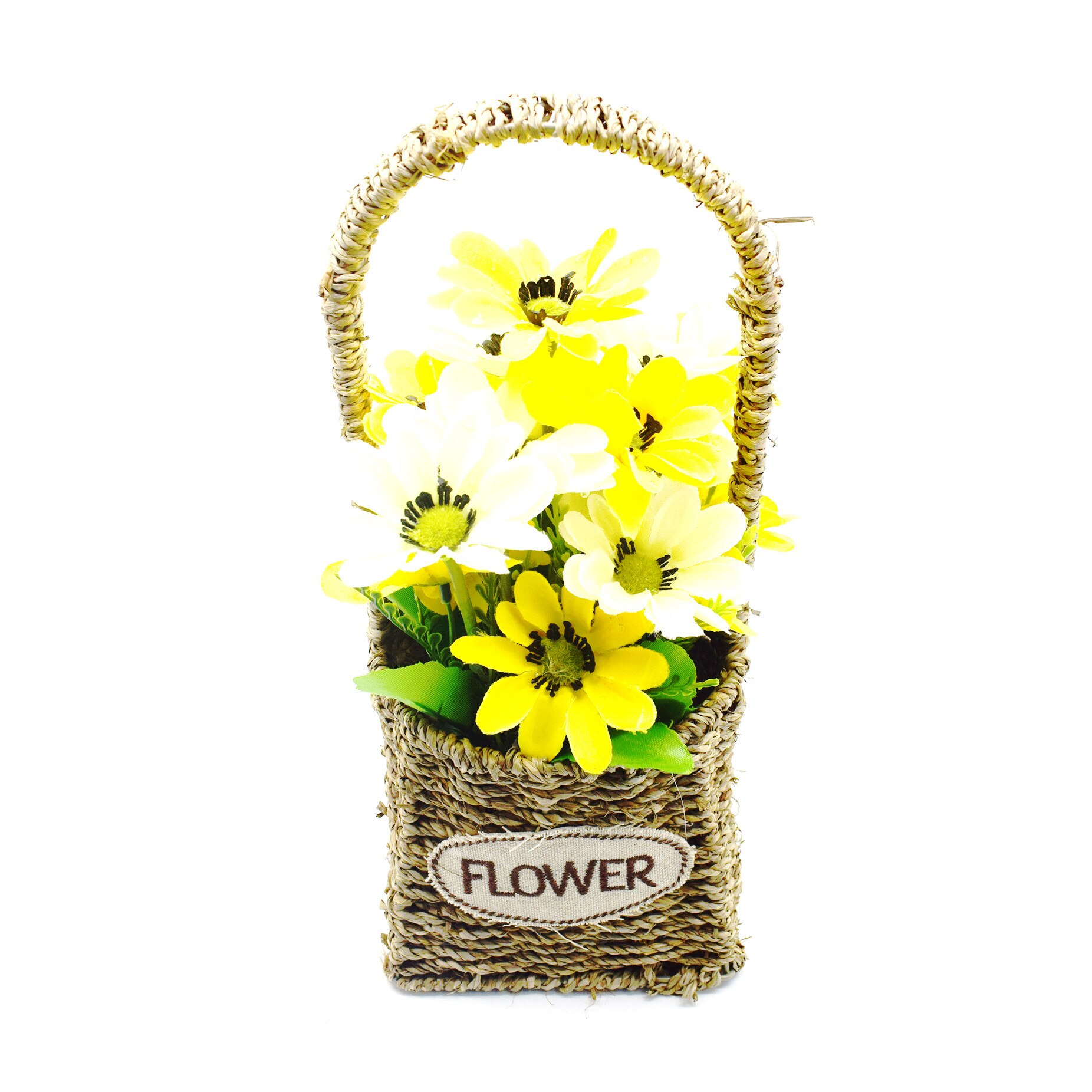 Aranjament floral, din plastic si iuta, galben , D2856