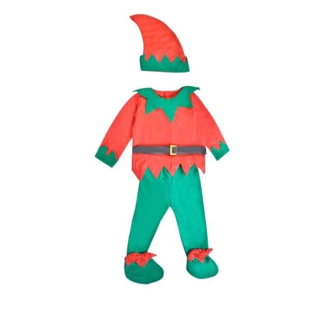 Costum deghizare in elf pentru petrecerea de Craciun, cu palarie, curea si pantofi cu talpa cauciucata, rosu cu verde, Topi Dreams