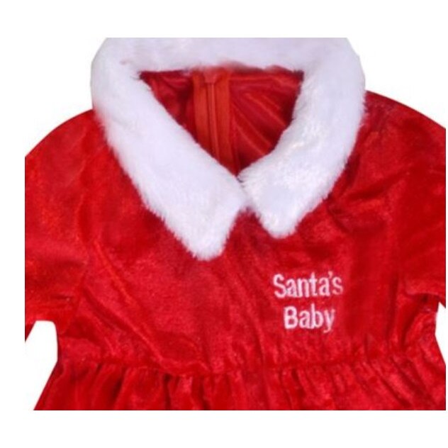 Costum deghizare in Mos Craciun, cu mesaj limba "Santa's Baby", rochita rosie caciulita ciucuras, alb cu rosu - eMAG.ro