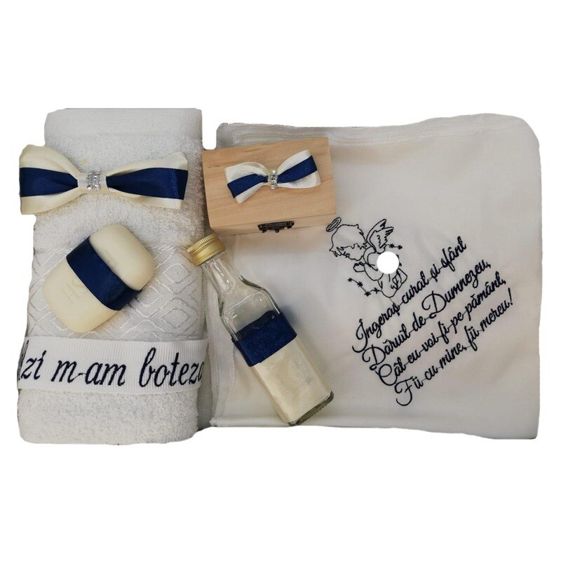 Trusou Botez, 8 Piese, Azi M-am Boteza, Alb/Albastru, Bumbac