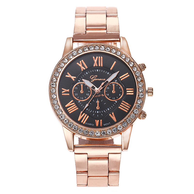 Ceas Geneva Dama Quartz Casual Elegant Negru, PN999595NU, curea din metal (zale), afisaj Analog