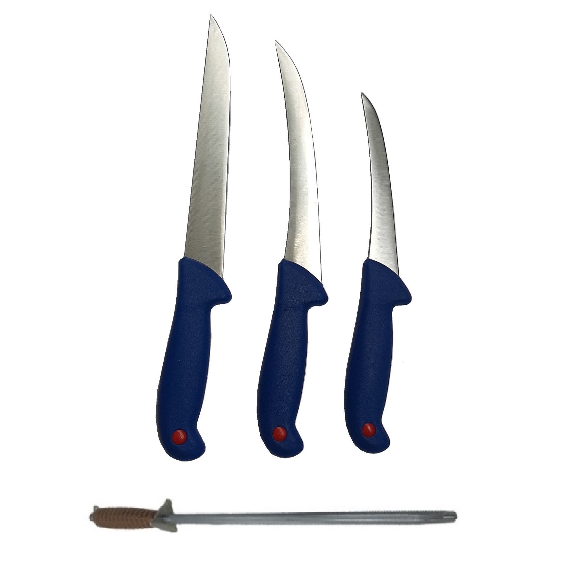 Set 4 piese format din 3 Cutite profesionale pentru macelarie BRT-43, injunghiat, dezosat, transat, maner material plastic anti alunecare si masat profesional