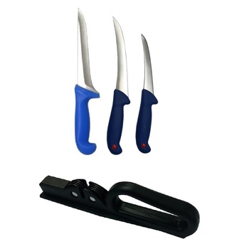 Set 4 produse format din 3 Cutite profesionale pentru macelarie BRT-43, injunghiat, dezosat, transat, maner material plastic anti alunecare si aparat de ascutit cutite metalice Set 4 produse format din 3 Cutite profesionale pentru macelarie BRT-43, injunghiat, dezosat, transat, maner material plastic anti alunecare si aparat de ascutit cutite metalice