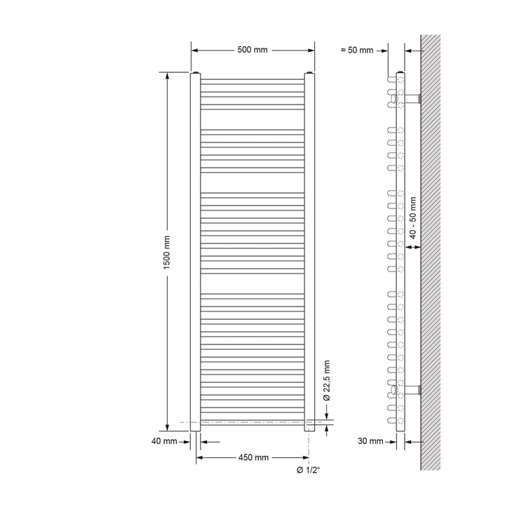 Calorifer baie, otel, negru mat, LuxeBath, 500 x 1500, 570W, set de montare pe perete, conexiune laterala