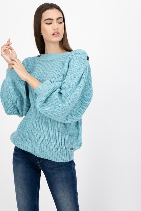 Pepe Jeans London, Dina gyapjú- és mohertartalmú puffos ujjú pulóver, Zöld