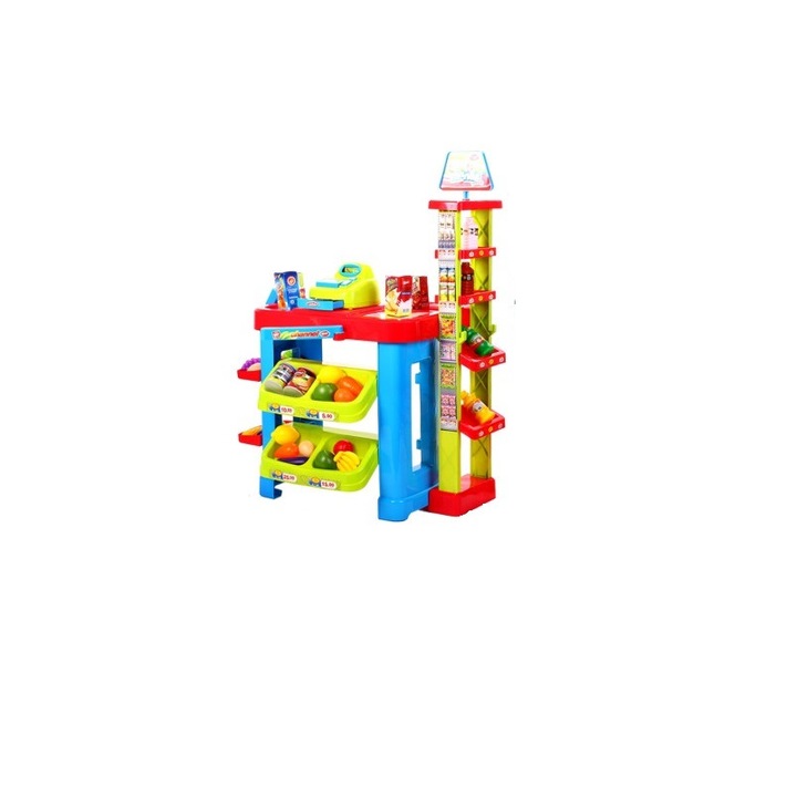 Supermarket cu casa de marcat carucior de cumparaturi si accesorii